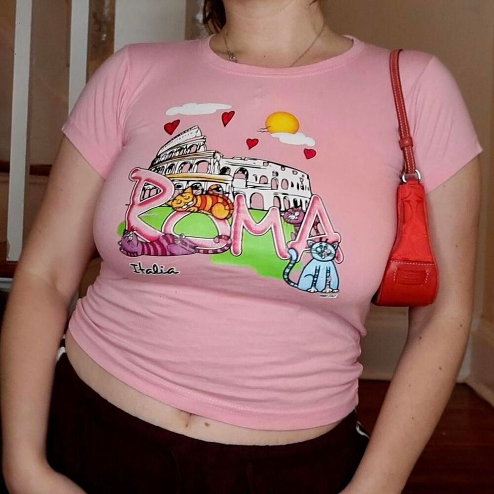 Roma Italy Cats Colosseum Pink Baby T Sz XS Small Euro Tee Shirt Y2K Girly Top